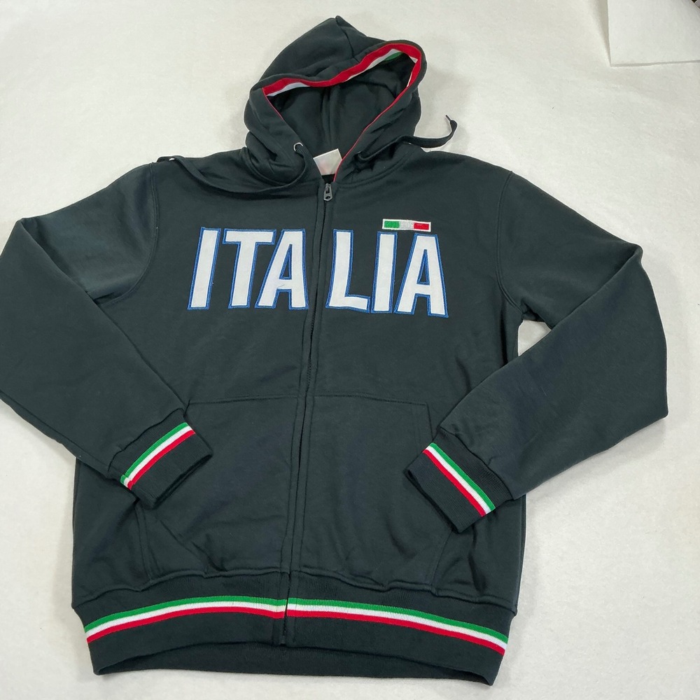 Italia Full Zip Hoodie Mens XL Black Embroidered Italy Flag Tricolor Sweatshirt